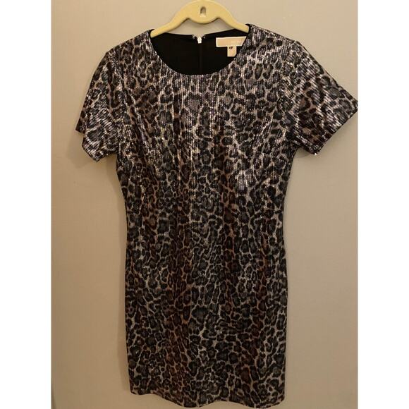 MICHAEL KORS Womens Small Lined Cheetah Print Sequin Mini Tshirt Dress - Picture 3 of 9